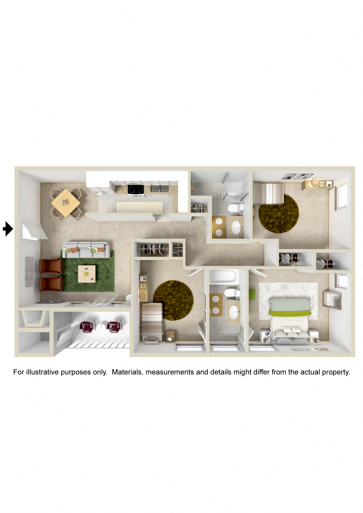 Floor plan for 3 beds, 2 baths, 1010 sqft